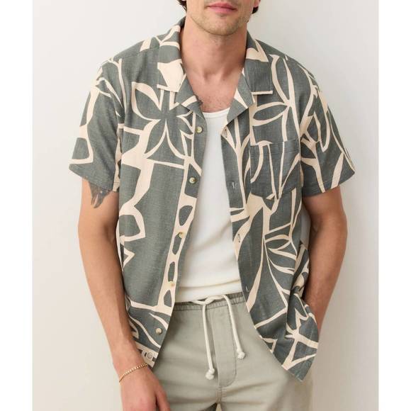 NEW MARINE LAYER stretch selvage resort shirt in olive abstract palm - Picture 1 of 4